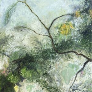 This painting in oil and cold wax features a lush, semi-abstract depiction of plant life dominated by various shades of green, with hints of white and dark accents. The textures are soft and fluid creating a sense of depth and tranquility. The painting might evoke feelings of calmness and connection to nature, as if enveloped in a serene, verdant environment. It can inspire relaxation and peace, inviting viewers to immerse themselves in its soothing and organic forms.