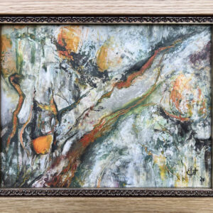 An abstract painting in oil and cold wax with a strong diagonal composition and a hint of a cruciform. The focal point is in the lower left. The painting is predominantly transparent white glazed over deep greens and oranges. Some people have mentioned that the dominant orange shape in the focal point could be the shape of a human heart. Much of the line work is reminiscent of branching fissures.