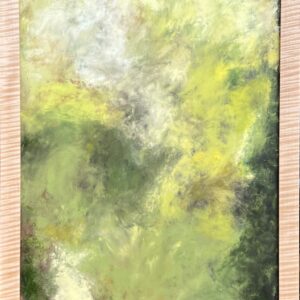 This framed painting in oil & cold wax features a soft and ethereal blend of light greens, yellows, and muted earth tones. The composition is gentle and diffuse, with smooth transitions between colors, creating a serene and atmospheric effect. The painting might evoke feelings of calmness and tranquility, reminiscent of a sunlit meadow. It can inspire relaxation and introspection, inviting viewers to immerse themselves in its soothing, dreamlike ambiance. The subtle play of light and shadow adds to the sense of depth and peace.