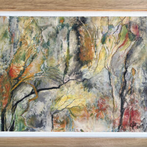 A painting in oil and cold wax of an abstract landscape of grays with areas of gold, orange, red, and green. Strong black lines, reminiscent of branches, travel mostly vertically with some wandering at a diagonal.