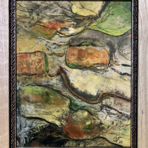 An abstract painting in oil and cold wax with a somewhat muted pallet of grays and creams with areas of light gold, muted oranges and greens. There are strong wandering lines on a slight diagonal with several implied shapes. Veining is a prominent theme in the line work.