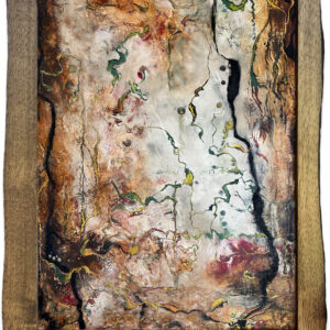 Abstract oil & cold wax painting consisting of neutral whites and veils of transparent orange that reveal small, twisting shapes that are primarily green, yellow, red, and orange. Strong black lines with variable thickness run in a twisting fashion down either side of the composition. Some people see seahorses frolicking, while some see shapes reminiscent of stomachs and digestive tracts. Some Shapes are reminiscent of cluster of eggs. I see the dragons that my father loved to doodle, their twisting forms, writhing with life. The interplay of contrasting values and somewhat complimentary colors create a dynamic tension, inviting the viewer to explore the depth and complexity of the abstract world where my father’s dragons live.