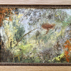 A framed painting in oil and cold wax of a somewhat abstract landscape of mostly greens and golds with spots of red, orange, and gray. The dark branches of distant trees loom behind veils of foggy transparent whites and grays.