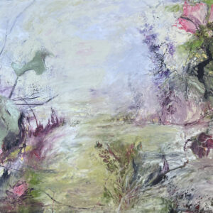 An atmospheric and layered oil and cold wax painting that immerses the viewer in a semi-abstract floral dreamscape. Dominated by soft pastel greens, lavenders, pinks, and delicate mauves, the composition draws the eye inward along a gentle, almost meandering path of color and texture. On the left, broad leaf-like forms anchor the scene with a mossy, grounded presence. Skeletal branches rise from this area, echoing delicate veins or line drawings scratched into the wax, creating a sense of fragile resilience. The right side opens into larger blooms — a vibrant pink flower at the top edge, a darker, heavier blossom near the lower right, and a suggestion of lavender flowers trailing down through the middle. These are not literal plants but gestural impressions — organic shapes emerging from memory or feeling.