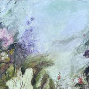 This oil and cold wax painting presents a dreamlike, almost ethereal landscape. The composition flows from a dense and richly textured left side toward a more open, softly blended space on the right. On the left, deep greens, dark purples, and rose pinks seem to form an abstracted cluster of foliage and blossoms, with gestural strokes that hint at organic forms—flowers, stems, and leaves—without literal representation. Soft lavender tones drift upward, like mist or distant lilacs dissolving into the pale blue and aqua sky. The center of the piece transitions into a calm, almost glowing atmosphere—a gentle clearing or veil of mist—that invites the eye inward. On the far right, subtle but more defined forms of violet and pink blooms emerge, nestled into soft greenery and dappled with warmer hues. The textures throughout are thick and expressive, with palette knife marks creating depth and movement. The way the paint is built up and scraped back suggests both growth and erosion—nature in constant flux.