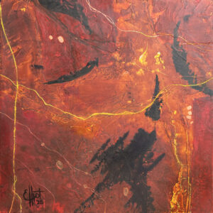 Inside The Bead, an abstract painting in oil and cold wax on copper plate featuring rich, earthy tones of deep reds and browns, with subtle textures. The composition includes abstract forms and lines, with prominent black lines and delicately etched lines created by scratching through the paint to reveal the copper beneath, adding contrast and focus. The painting might evoke feelings of warmth and grounding, reminiscent of embers and geological formations. The use of copper adds a unique sheen and depth, enhancing the sense of richness and complexity. Viewers may feel a sense of curiosity and contemplation, drawn to the interplay of textures and the organic flow present in this piece.