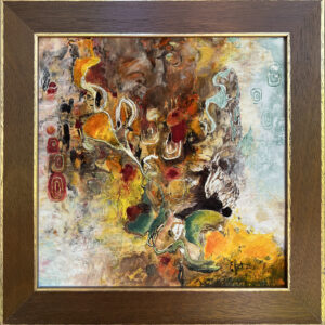 This painting in oil and cold wax is an abstract work with a vibrant mix of warm tones like yellows, oranges, and reds, contrasted with cooler blues and greens. The composition is rich with swirling forms and intricate patterns, creating a sense of depth and movement. The painting might evoke feelings of energy and vitality, drawing viewers into its lively and dynamic world. The interplay of colors and textures can inspire curiosity and imagination, encouraging personal interpretation and emotional engagement with the artwork.