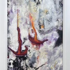 An abstract painting featuring two curved, flame-like forms in deep red, orange, yellow, and edged in deep violet, set against a textured background of white, gray, black, and hints of purple. The background has a layered, weathered appearance with areas of rough texture. Part of a black “X” runs off the canvas along the right edge. The composition conveys movement and energy, with the fiery forms appearing to be in the process of falling.