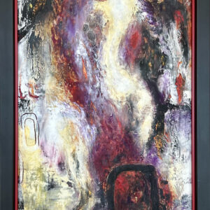 This painting in oil and cold wax is an abstract work with a dramatic blend of deep reds, purples, and blacks, interspersed with lighter tones. The composition is dynamic, featuring waving forms and contrasting textures that create a sense of movement and intensity. The bold colors and intricate patterns can inspire a sense of intrigue and contemplation, encouraging viewers to explore its depths, and uncover personal interpretations in its rich, emotive environment.
