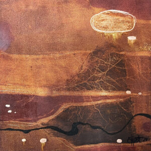 This oil and cold wax painting on a copper plate features rich, earthy tones of deep reds and browns, with subtle textures. The composition includes abstract forms and lines, with a prominent oval shape outlined by scratching through the paint to reveal the copper beneath, adding contrast and focus. The painting might evoke feelings of warmth and grounding, reminiscent of natural landscapes and geological formations. The use of copper adds a unique sheen and depth, enhancing the sense of richness and complexity. Viewers may feel a sense of curiosity and contemplation, drawn to the interplay of textures and the organic flow present in this piece.