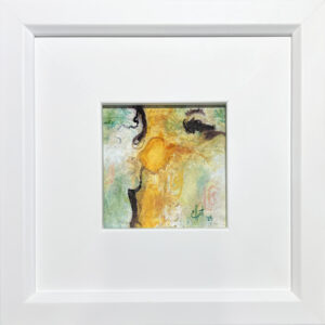 This painting in oil and cold wax is an abstract composition with a palette of warm yellows, oranges, and soft blue-greens, contrasted by darker lines. The forms are fluid and organic, with a dreamlike quality that suggests movement and transformation. The painting might evoke feelings of warmth and introspection. Its gentle colors and flowing shapes can inspire a sense of comfort and curiosity, encouraging viewers to explore their own interpretations and emotions. The piece may also evoke a sense of nostalgia or contemplation.