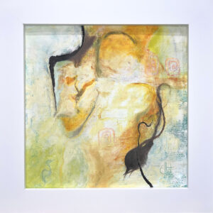 This painting in oil and cold wax is an abstract composition with a palette of warm yellows, oranges, and soft blue-greens, contrasted by darker lines. The forms are fluid and organic, with a dreamlike quality that suggests movement and transformation. The painting might evoke feelings of warmth and introspection. Its gentle colors and flowing shapes can inspire a sense of comfort and curiosity, encouraging viewers to explore their own interpretations and emotions. The piece may also evoke a sense of nostalgia or contemplation.