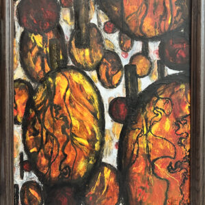 This framed painting in oil and cold wax is a striking composition filled with warm, fiery hues of orange, red, and yellow, contrasted with deep black outlines and highlights of white. The texture created by the cold wax medium adds depth and dimension, making the colors appear to glow from within. The warm, glowing orbs and elongated vertical forms represent beads strung together, creating a rhythmic pattern that draws the viewer’s eye deeper into the composition. The contrast of fiery oranges and deep blacks gives the impression of movement, as if light is filtering through the beads revealing hidden details. For me, the beads evoked a sense of mystery and curiosity—what secrets are held in the swirling beads? What lies beyond the curtain? What is being revealed or concealed?