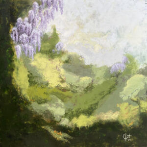 This oil and cold wax painting features a soft and ethereal blend of light greens, yellows, and muted green and blue tones with areas of contrasting pale and deep purples. The composition is gentle and diffuse, with smooth transitions between colors, creating a serene and atmospheric effect. The painting might evoke feelings of calmness and tranquility, reminiscent of a sunlit meadow where growths of wisteria drape the upper foliage. It can inspire relaxation and introspection, inviting viewers to immerse themselves in its soothing, dreamlike ambiance. The subtle play of light and shadow adds to the sense of depth and peace.